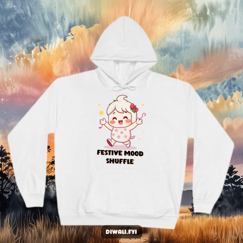 Funny hoodie with a character doing a happy shuffle, adorned with festive decorations, ideal for cozy celebrations.