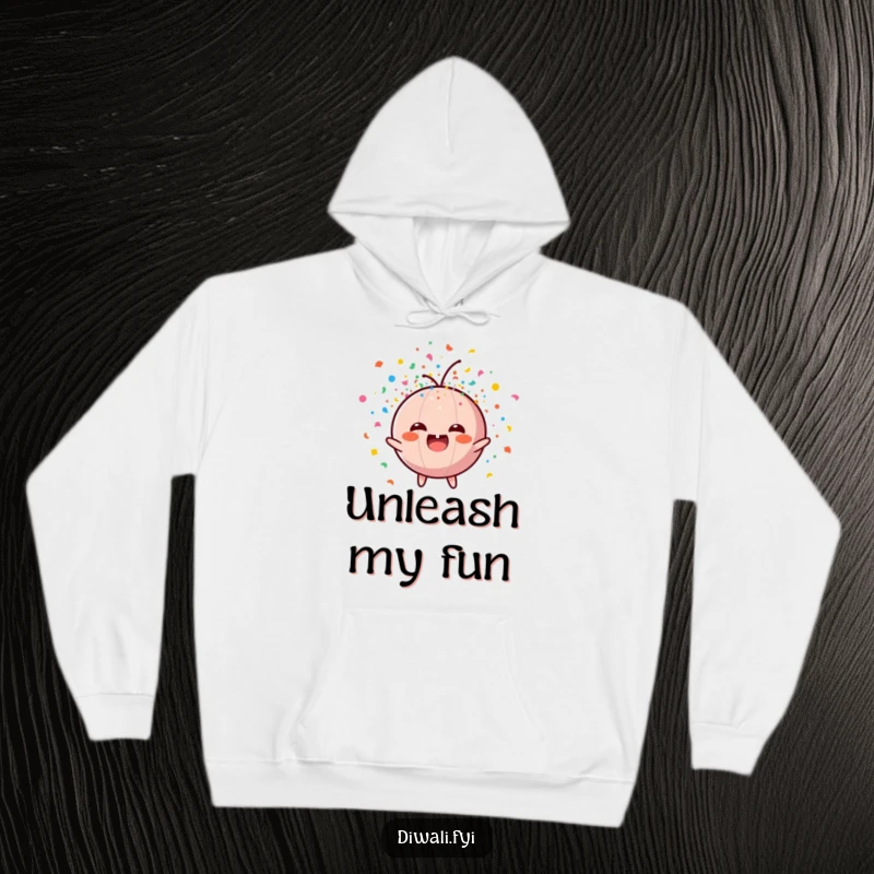 Funny hoodie depicting a round, happy firecracker character exploding with a colorful confetti burst, ideal for festive occasions.