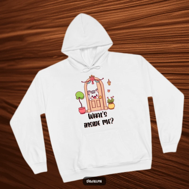 Funny Hoodie: A curious character excitedly peeks from behind a decorated doorway, designed for comfort.