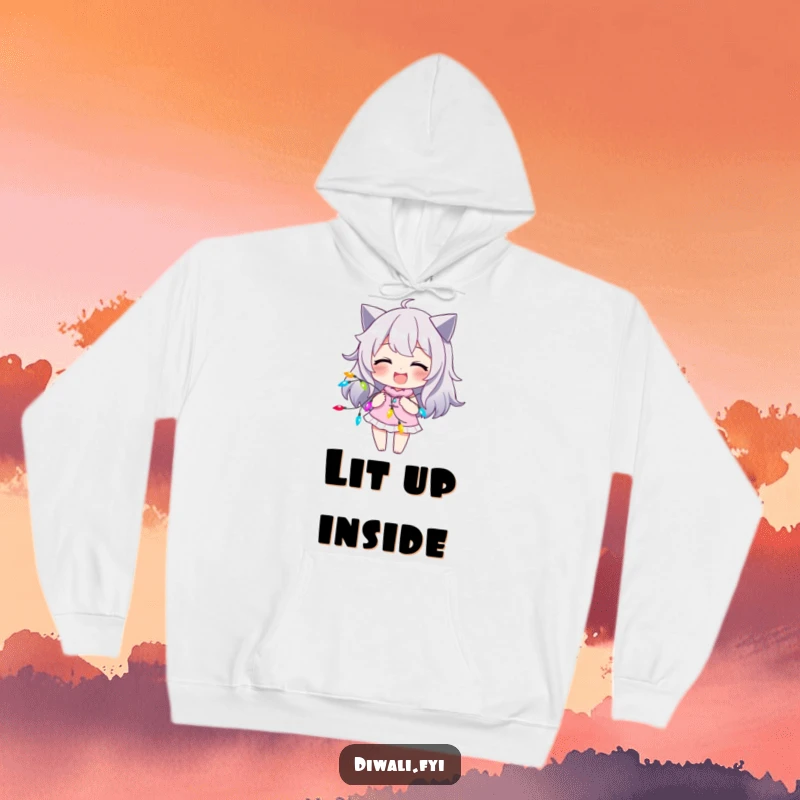 Funny hoodie showing a character with a joyful smirk, playfully engaged with a string of vibrant, colorful lights.