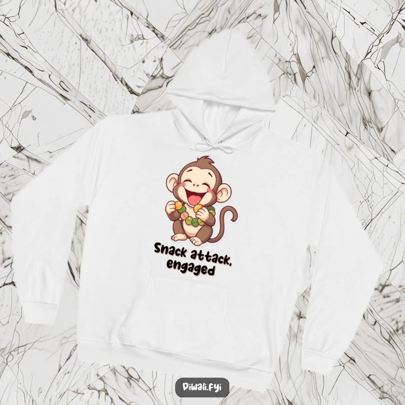 Funny hoodie displaying a laughing monkey wearing a garland, playfully attempting to eat a tiny sweet, offering warmth and whimsical humor.