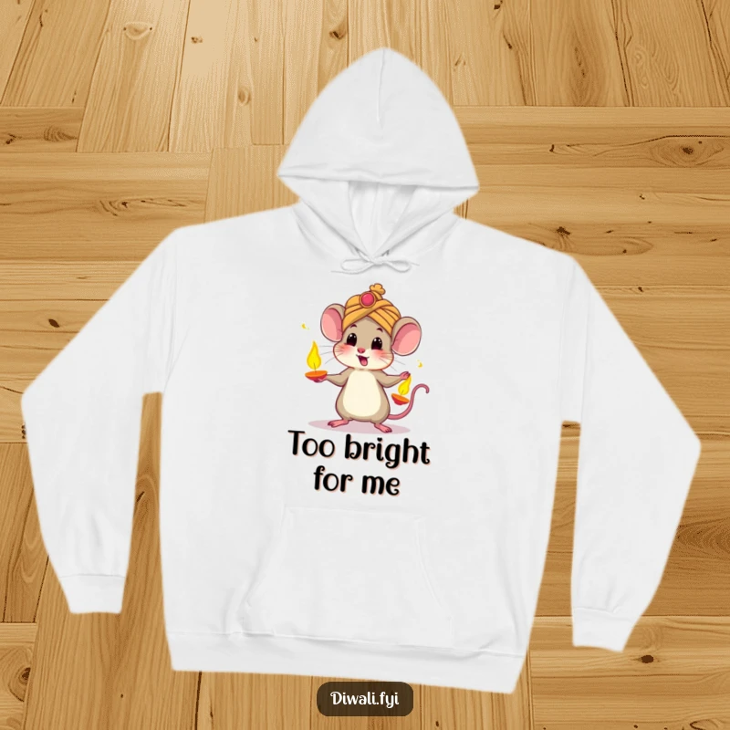 Funny hoodie showcasing a startled mouse in a turban, comically juggling glowing diyas, bringing festive cheer and warmth to cooler days.