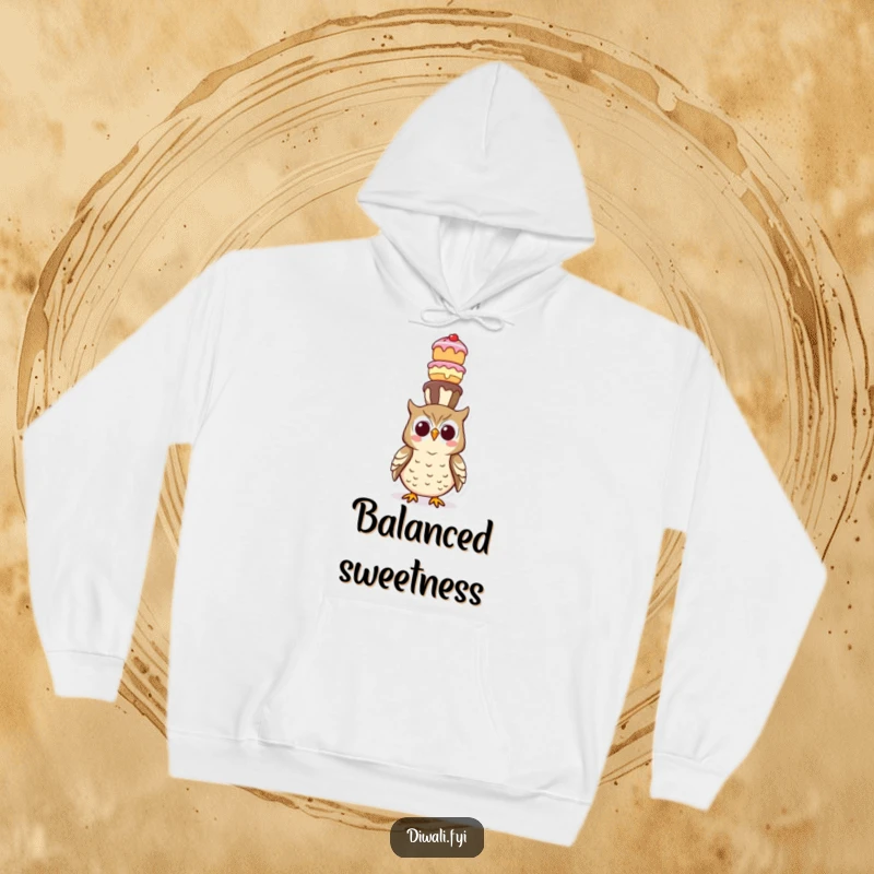 Funny hoodie illustrating a happy owl masterfully balancing a towering stack of delicious sweets on its head, looking quite pleased.