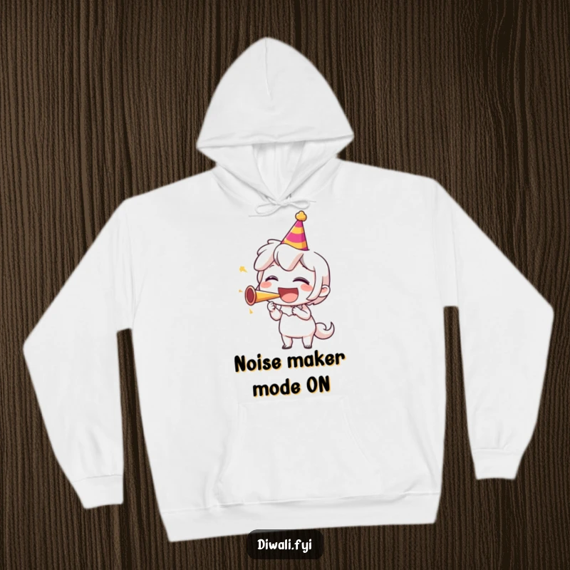 Funny hoodie depicting a character enthusiastically blowing a party horn and laughing, exuding warmth, comfort, and contagious festive cheer.