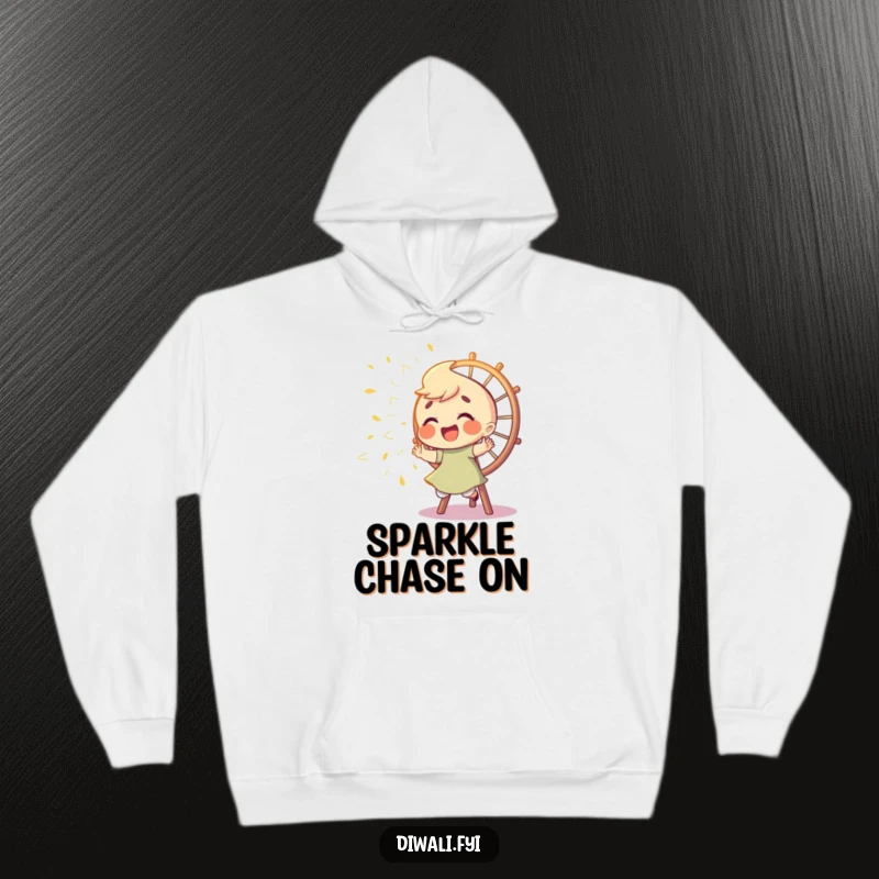 Funny hoodie showing a giggling character playfully chasing sparks from a Catherine wheel, offering warmth and a touch of dazzling, fun energy.