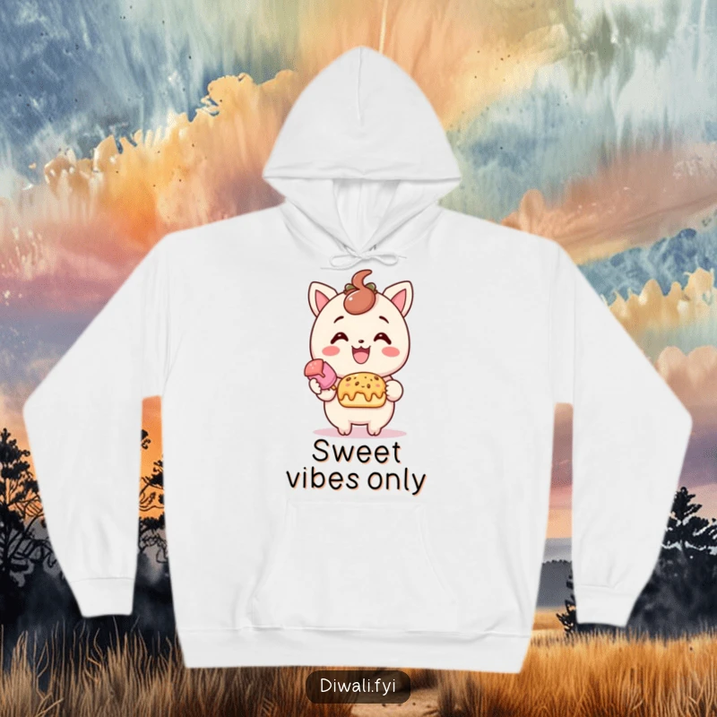 Funny treat offering hoodie, delighted character offering sweet treat with smile, cozy comfort apparel, sweet appreciation gift.
