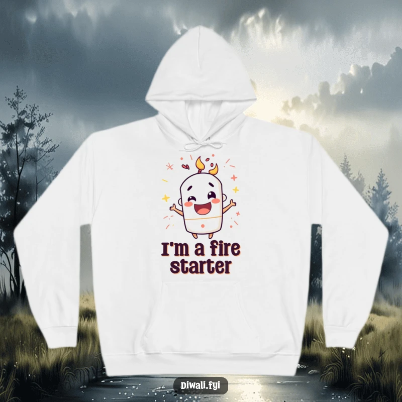 Funny hoodie showcasing a mischievous firecracker character popping with happy excitement, offering warmth and a blast of playful energy.