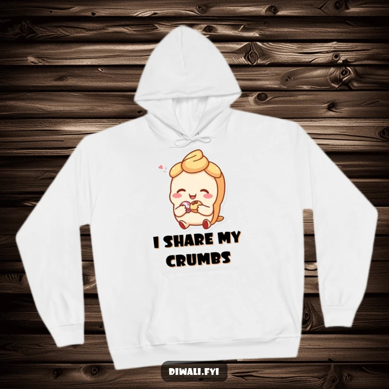Funny hoodie depicting a giggling sweet pastry character generously sharing a small treat, offering warmth and happiness in its design.