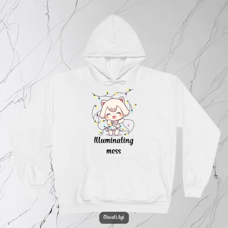 Funny Tangled Lights Hoodie: A playful character is comically tangled in a string of decorative lights, offering warmth and laughs.