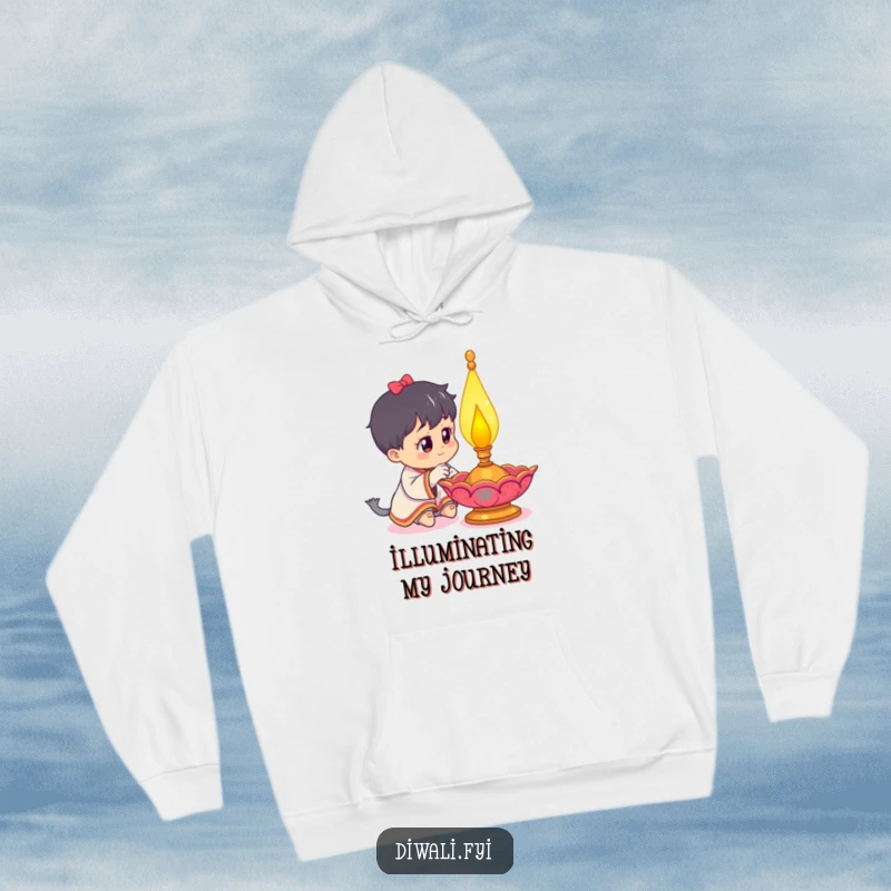 Funny hoodie depicting a curious character engrossed in the beauty of a decorated, illuminated diya lamp, ideal for cozy moments.