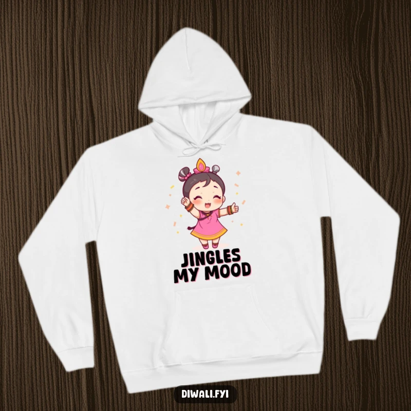 Funny hoodie featuring a small character wearing numerous festive bangles, striking a dynamic and celebratory pose.