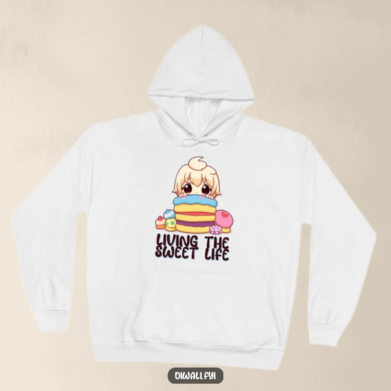 Funny hoodie depicting a shocked character peeking over a huge mound of bright, tempting candies, perfect for a sweet-loving personality.