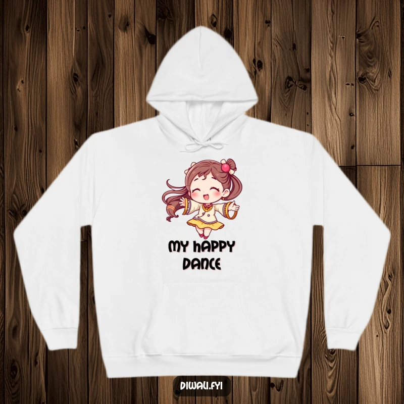 Funny hoodie depicting a character in motion, twirling gracefully with festive bangles accentuating their joyful movement.