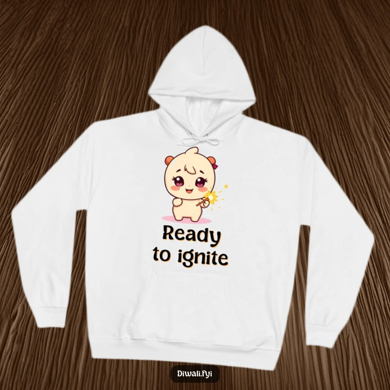 Funny Hoodie: Happy character with sparkly eyes, holding a firecracker, perfect for cozy and exciting moments.
