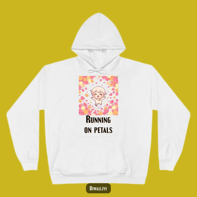 Funny Giggling Character Petal Hoodie: Cozy hoodie with a giggling character running through petals, a warm funny gift.