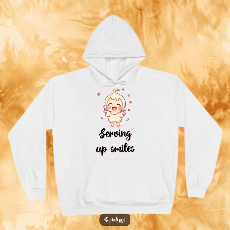 Funny hoodie featuring a character in a moment of pure delight, gleefully tossing small sweets with a wide smile.