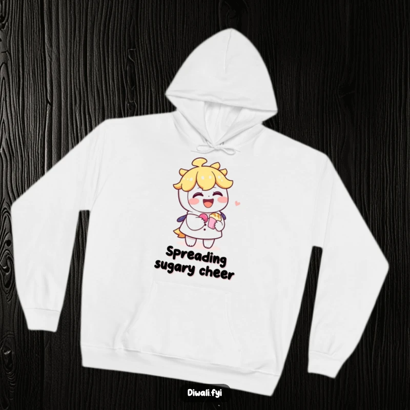 Funny hoodie depicting one character laughing heartily while offering a sweet treat to another, embodying friendship and generosity.