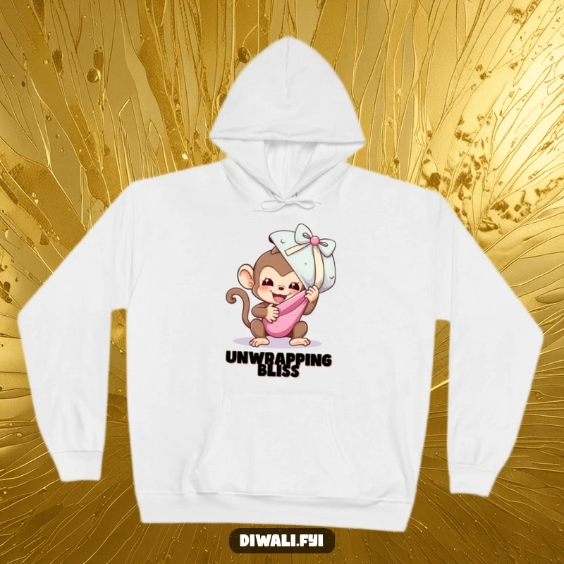 Funny hoodie featuring a playful monkey enthusiastically unwrapping a huge, shimmering sweet, radiating excitement and happiness.