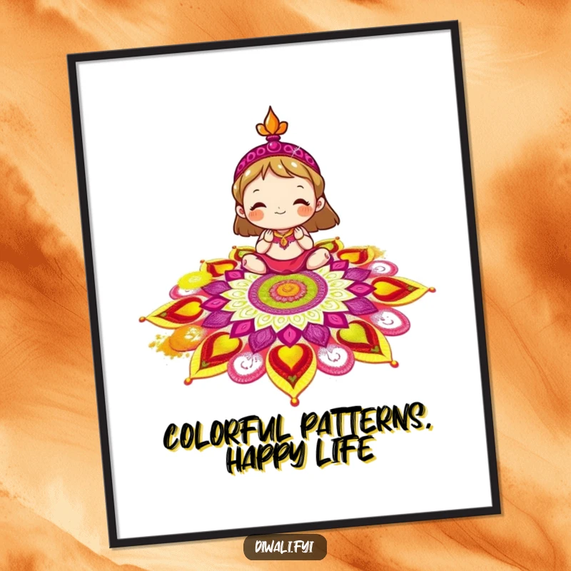 Funny Free Printable Rangoli Decorator Wall Art: Delighted character meticulously decorating a vibrant and colorful rangoli pattern.