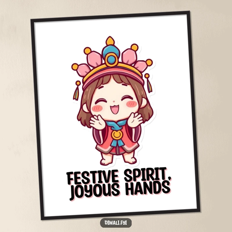 Funny Free Printable Wall Art of a happy character in a festive headdress, clapping hands. Joyful, downloadable decor.