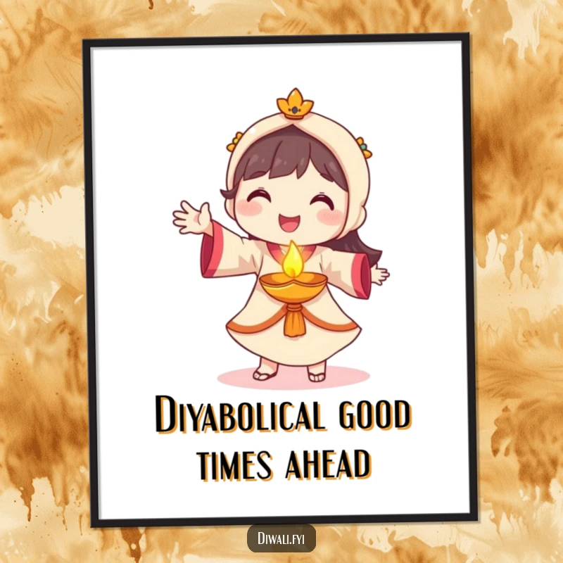 Funny free printable wall art of a smiling character dancing with a small, glowing diya, adding a warm and joyful touch to any room.