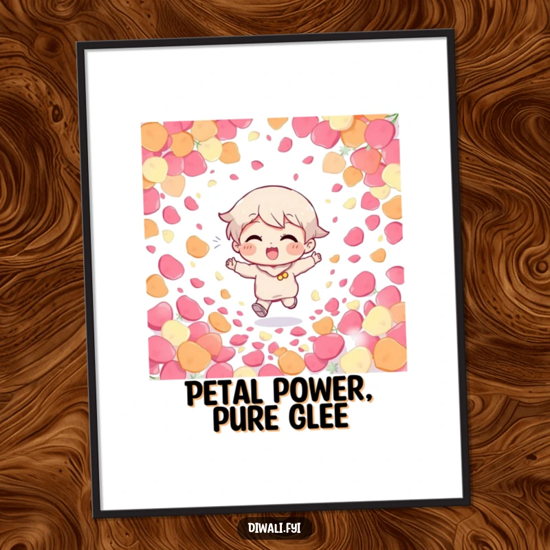 Funny Free Printable Wall Art of a giggling character running through a vibrant shower of colorful petals. Whimsical, downloadable decor.