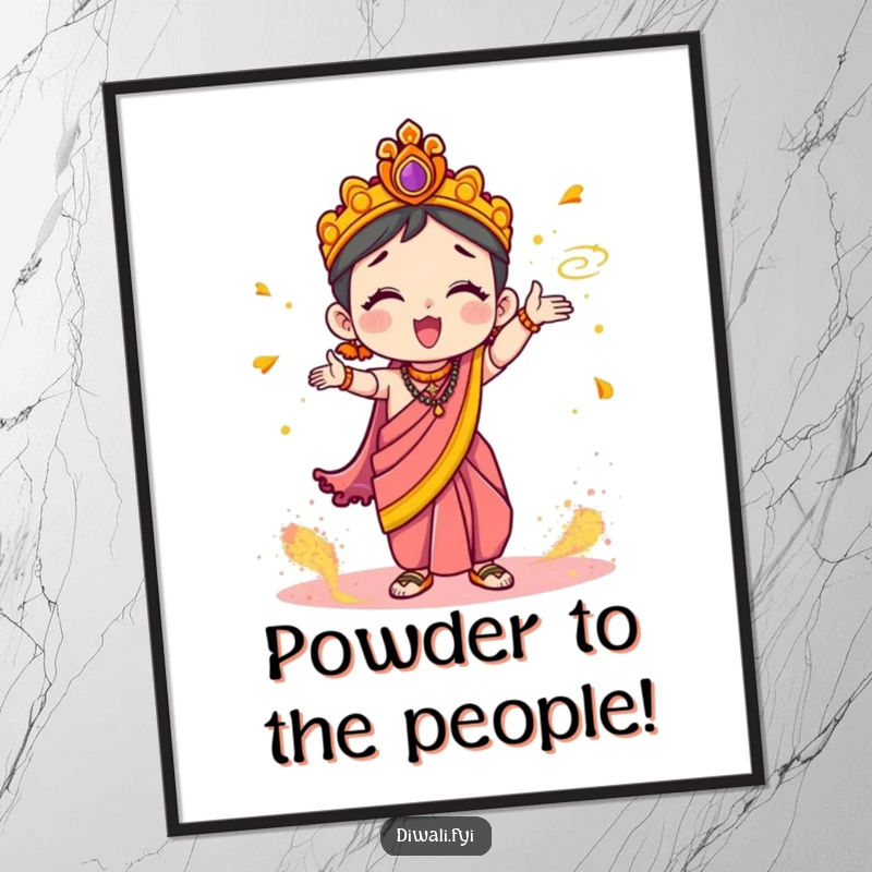 Funny Free Printable Wall Art: A cute character in a festive sari enthusiastically tossing colorful powder, bringing vibrant energy and fun.