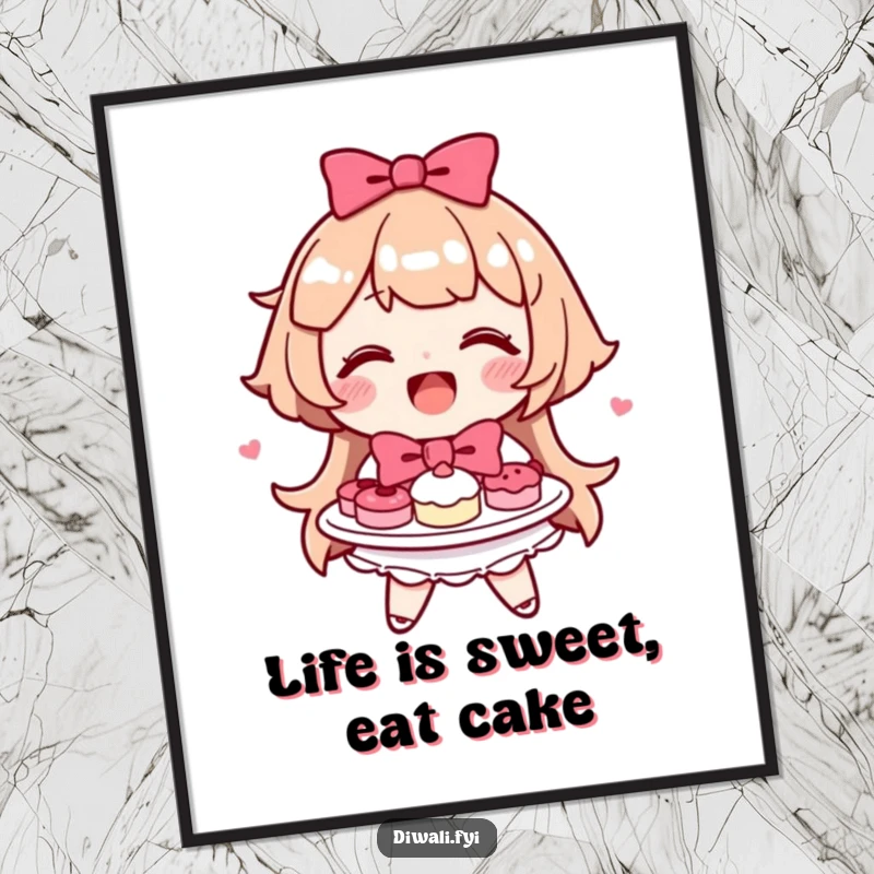 Funny Free Printable Wall Art: A happy character cheerfully holding out a plate brimming with tempting sweets, tied with a pretty bow.