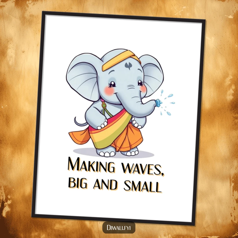 Funny Free Printable Wall Art: Happy Elephant wearing a Sari, Playfully Spraying Water, Vibrant and Joyful