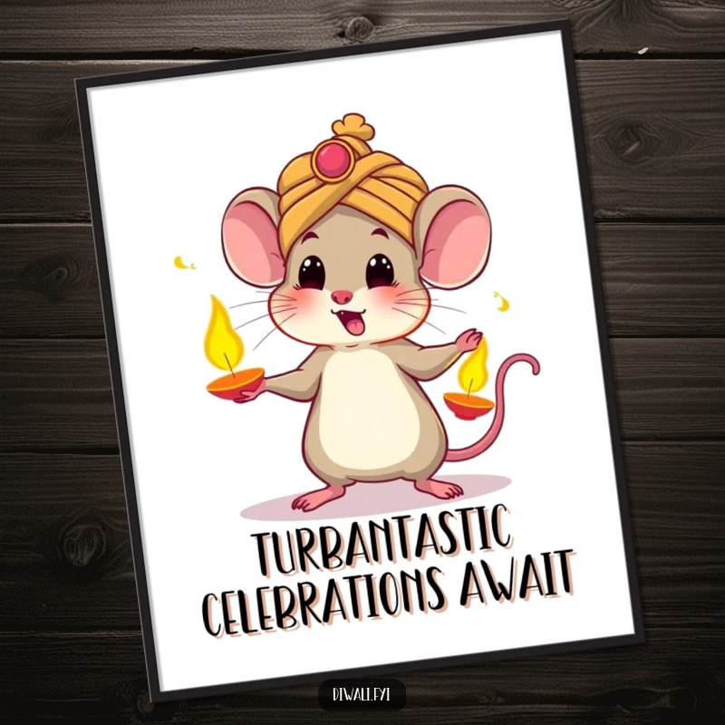 Funny Free Printable Wall Art: Startled Mouse wearing a Turban, Juggling Glowing Diyas, Festive and Quirky