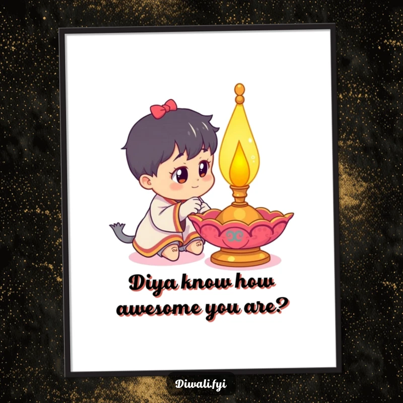 Funny Free Printable Wall Art: A curious character intently examining a festive and decorated diya lamp.