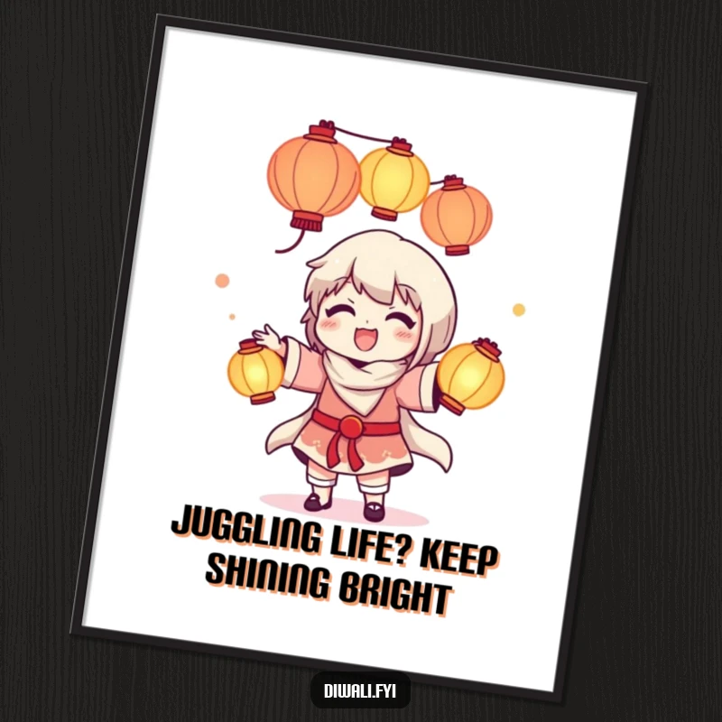Funny Free Printable Wall Art: A cheerful character skillfully juggles glowing lanterns, creating a mesmerizing and humorous display.