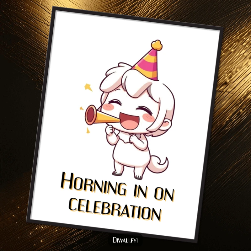 Funny Free Printable Wall Art depicting a character enthusiastically blowing a party horn, radiating pure, infectious laughter and joy.