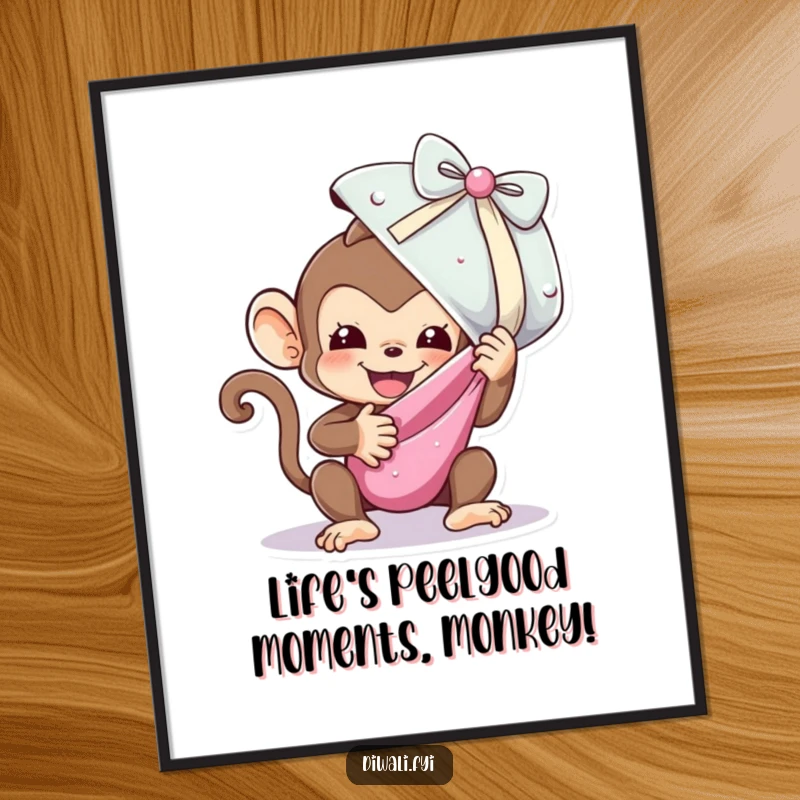 Funny Free Printable Wall Art: A playful monkey character with immense excitement unwrapping a giant, dazzlingly shimmering sweet treat.