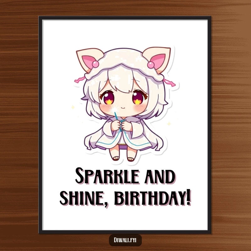 Funny Free Printable Wall Art: Small character adorned with glowing decorations, holding a sparkler, creating a festive vibe.