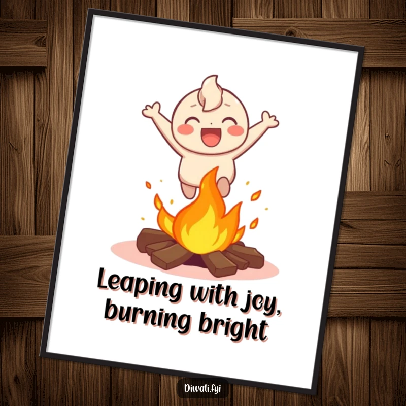 Funny Free Printable Wall Art: Happy character leaping with a laugh over a small, blazing bonfire.