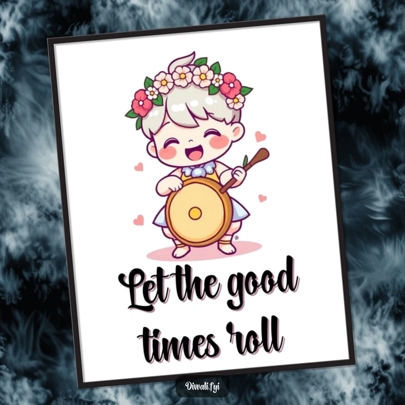 Funny Free Printable Wall Art: A delighted character wearing a flower garland energetically plays a drum, creating a festive and musical atmosphere.