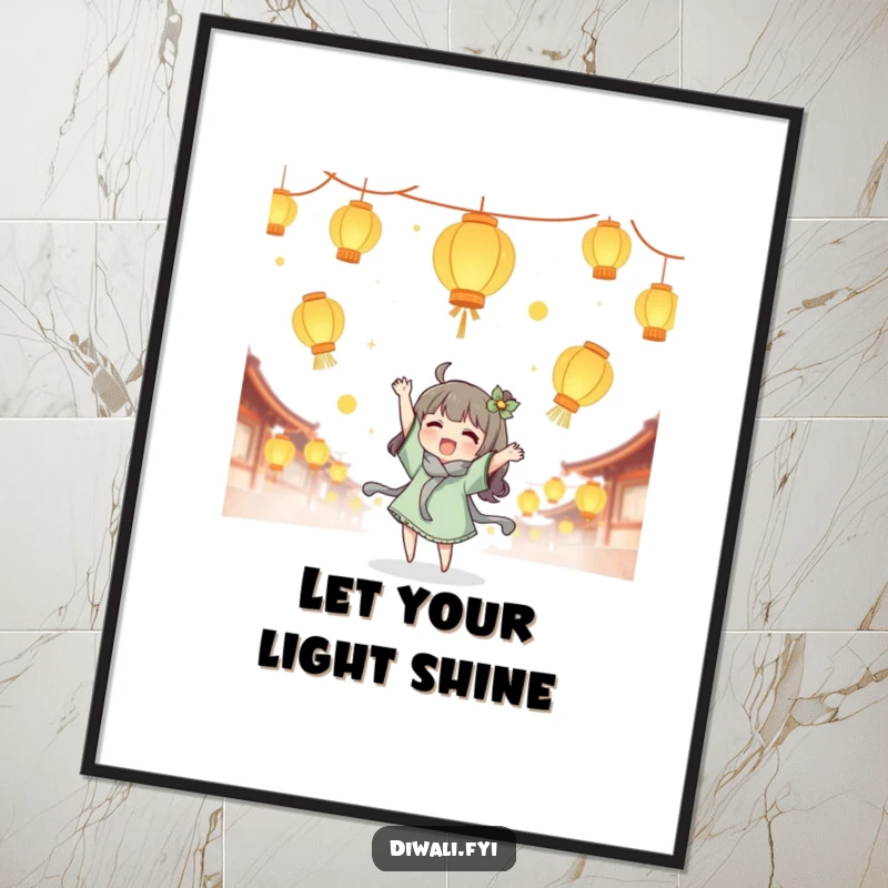 Funny free printable wall art showing a character joyfully tossing glowing lanterns into the air, creating a scene of pure delight.