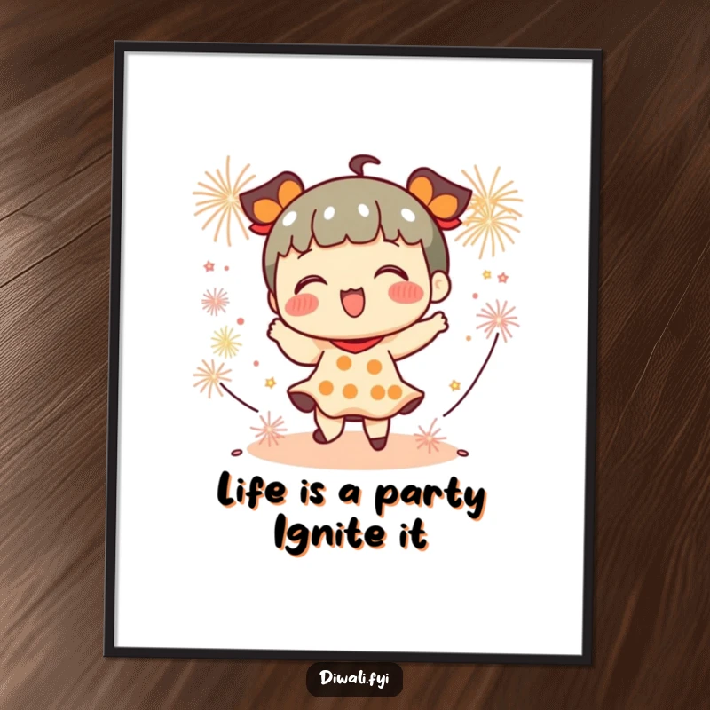 Funny Free Printable Wall Art: A character dances with playful abandon surrounded by small, festive firecrackers, full of life.