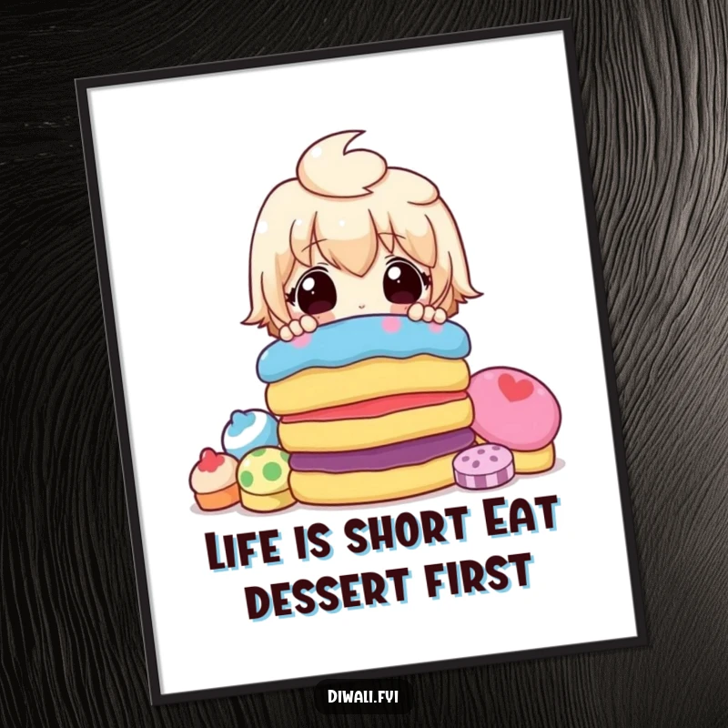 Funny Free Printable Wall Art: A shocked character peeks excitedly from behind a towering stack of colorful, delicious sweets.