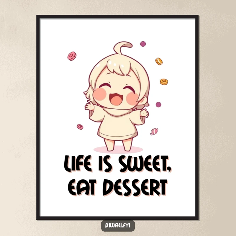 Funny Free Printable Wall Art: Wide-smiling character gleefully tossing small sweets into the air, spreading joy and humor.