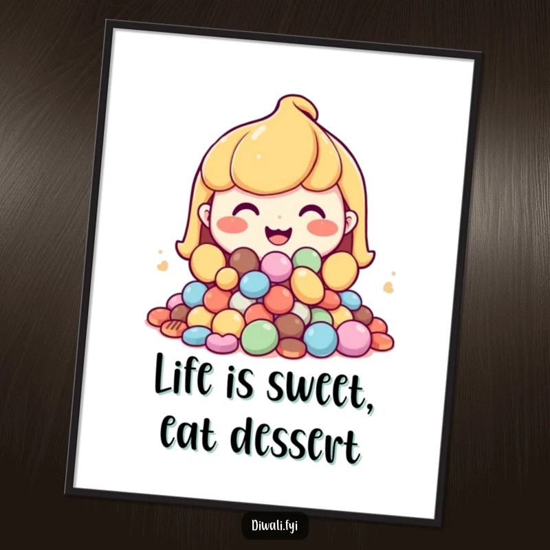 Funny Free Printable Wall Art featuring a happy character with a wide grin, joyfully offering a huge pile of colorful sweets.