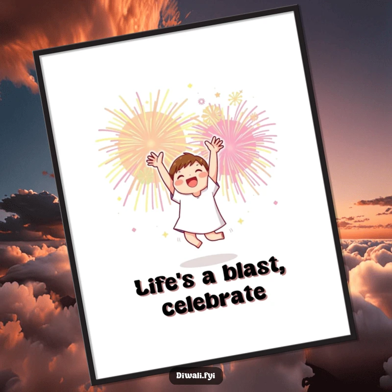 Funny Free Printable wall art captures a character in mid-dance, arms raised in exhilaration under a sky bursting with colorful fireworks.