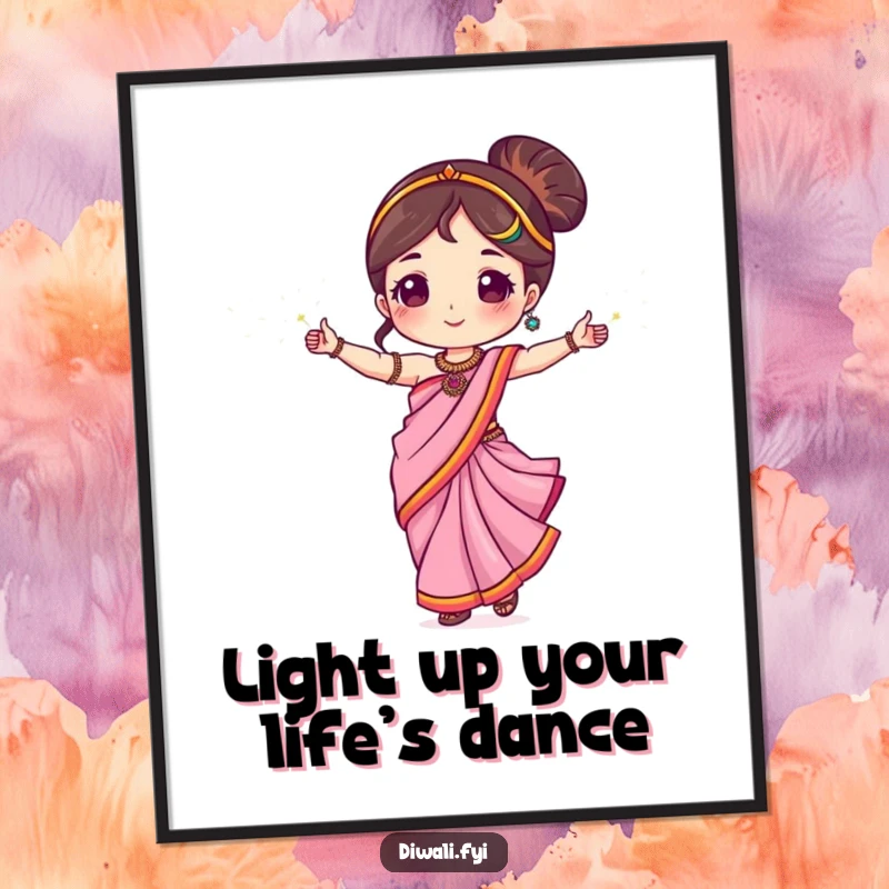 Funny Free Printable Wall Art of a cute character in a sari dancing gracefully with sparkling lights, adding vibrant energy.