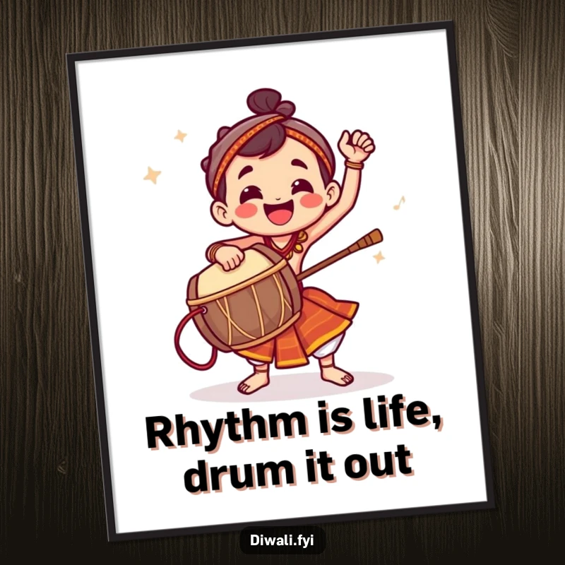 Funny Free Printable Wall Art depicting a jubilant character playing a dhol drum with incredible energy and a lively rhythm.