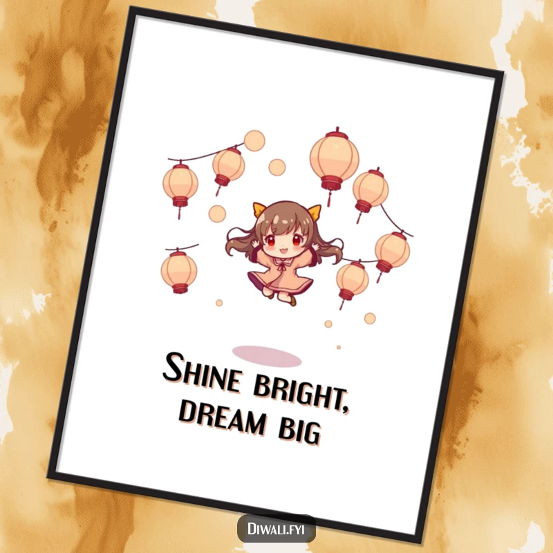 Funny Free Printable Wall Art: Character in a celebratory dance, twirling with vibrant floating lanterns, enchanting downloadable decor.