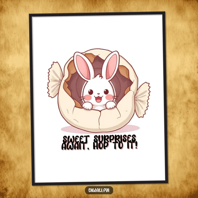 Funny Free Printable Wall Art: A wide-eyed, surprised bunny character peeking out from the interior of a gigantic, cracked sweet wrapper.