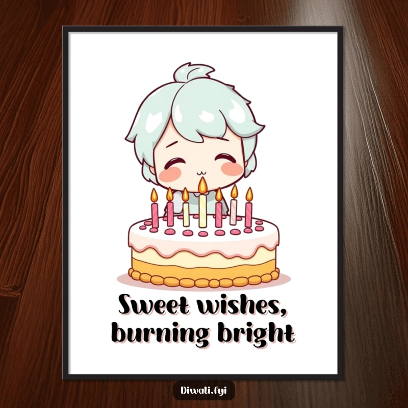 Funny Free Printable Wall Art: Smiling character blowing out candles on a festive cake.