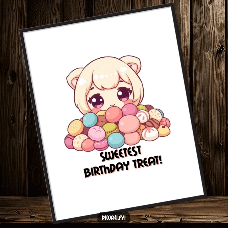 Funny Free Printable Wall Art: Cute character with wide eyes, peeking from behind a pile of sweets, delightful quirky decor.