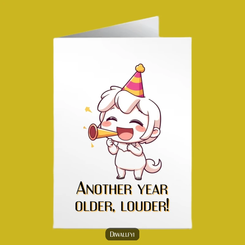 Funny Free Printable Birthday Card: Laughing Party Horn Character Downloadable Greeting